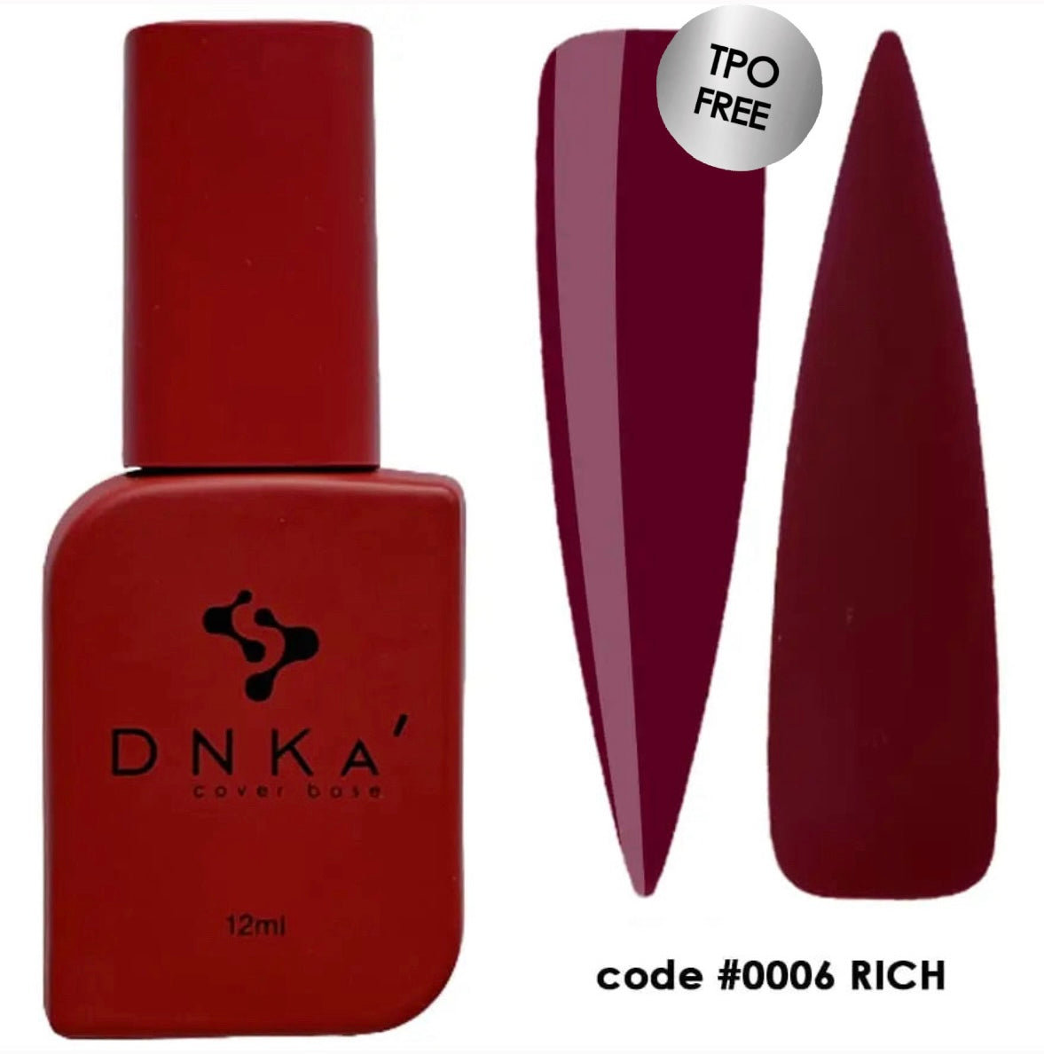 A red colored bottle labeled DNKa' with a code #0006 RICH in red color next to a nail shape display showing the color rich red.