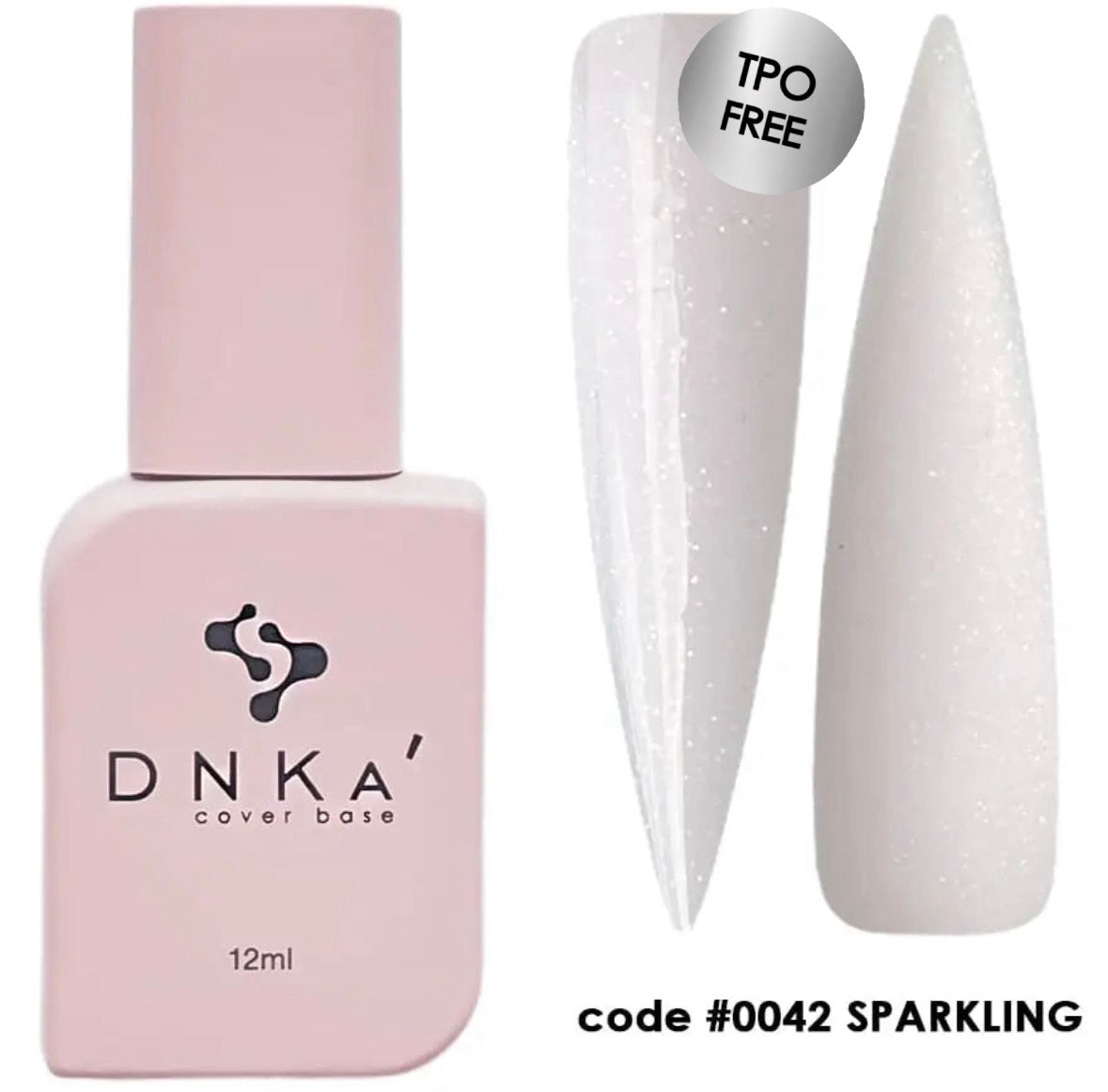  A nail polish bottle labeled DNKa' Cover Base, with a volume of 12 ml, in a sparkling white color. A sample nail is shown with the product applied, displaying its shiny finish. 0042 Sparkling