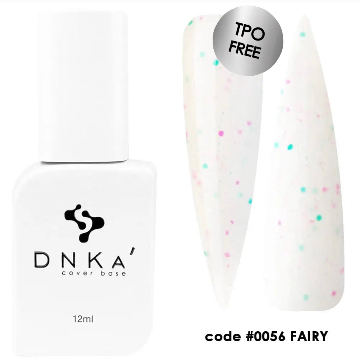 A bottle of DNKa' Cover Base nail polish in color Fairy with a code #0056 FAIRY, showing the product's packaging and the nail polish applied to a nail.