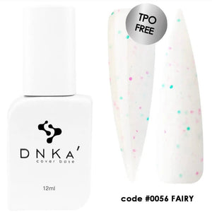 A bottle of DNKa' Cover Base nail polish in color Fairy with a code #0056 FAIRY, showing the product's packaging and the nail polish applied to a nail.