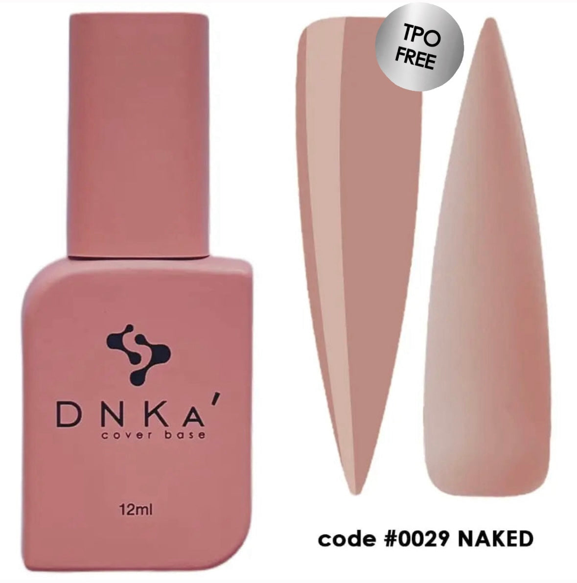 A 12 ml bottle of DNKa' Cover Base nail polish in a nude color, alongside a visual representation of the nail polish application on a nail shape. 0029 Naked color