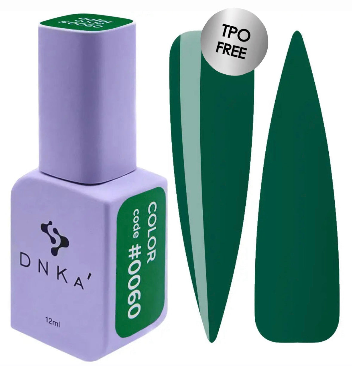 A bottle of DNKa' Gel Polish in color #0060, alongside a swatch of the dark green polish.