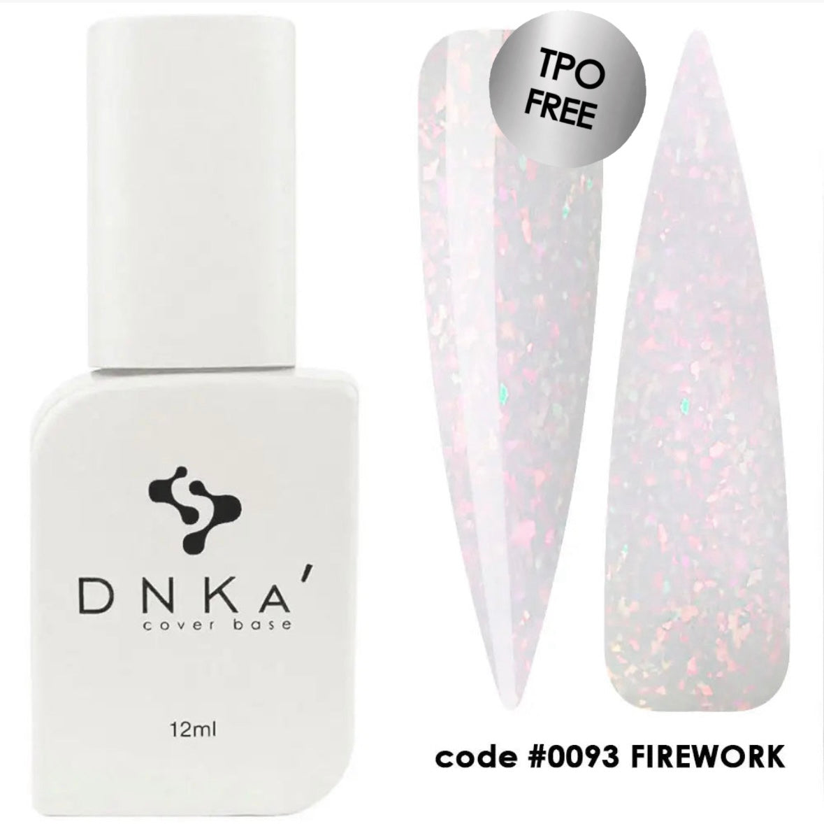 A bottle of DNKa' Cover Base with a glittery, multicolored nail polish-like finish, labeled as #0093 FIREWORK, with a capacity indicator of 12 ml.