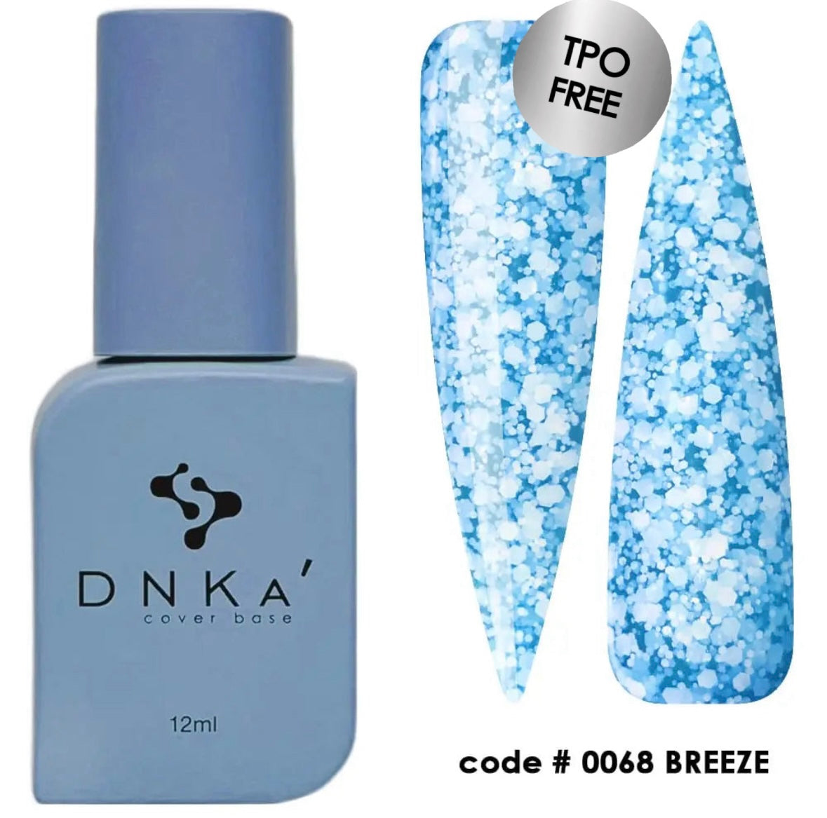 A bottle of DNKa' Cover Base #0068 Breeze  in a blue shade, alongside a sample nail color swatch.