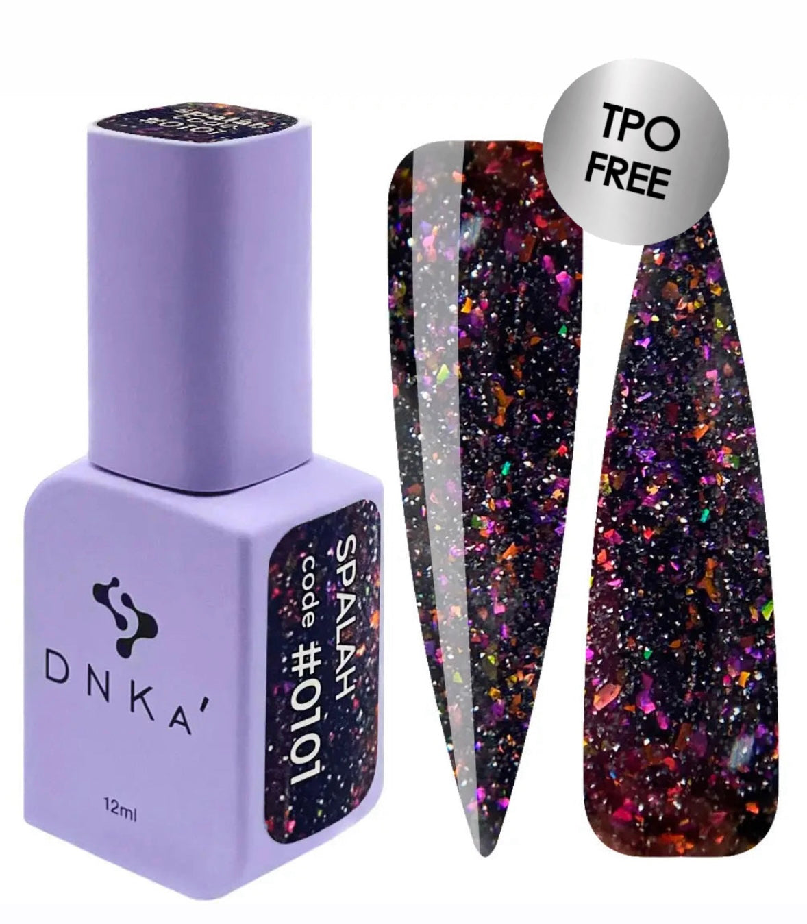 DNKA gel polish bottle of black color 0101 with a glittery  on a white background