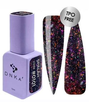 DNKA gel polish bottle of black color 0101 with a glittery  on a white background