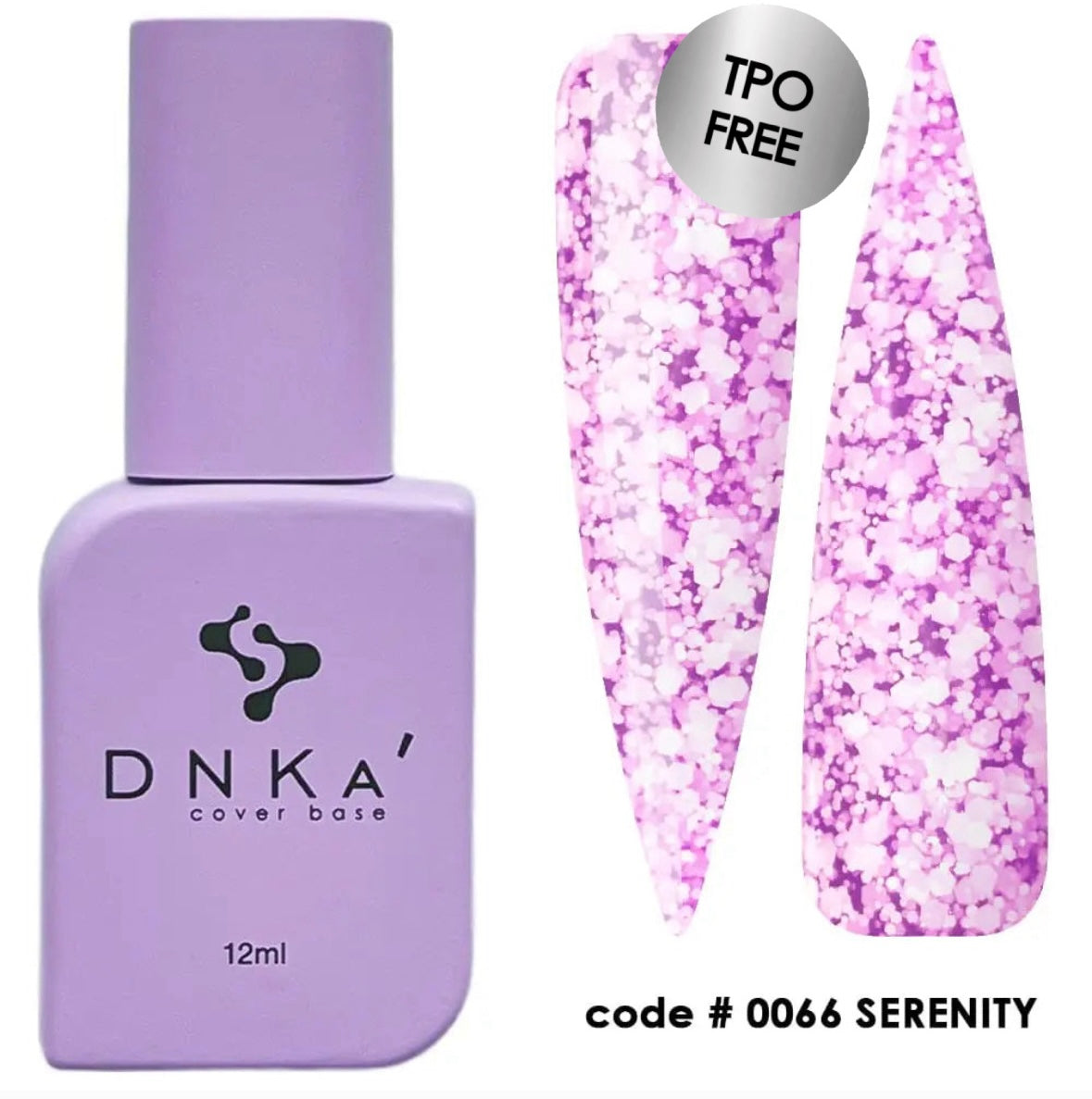 A bottle of DNKa' Cover Base #0066 Serenity  in a purple shade, alongside a sample nail color swatch.