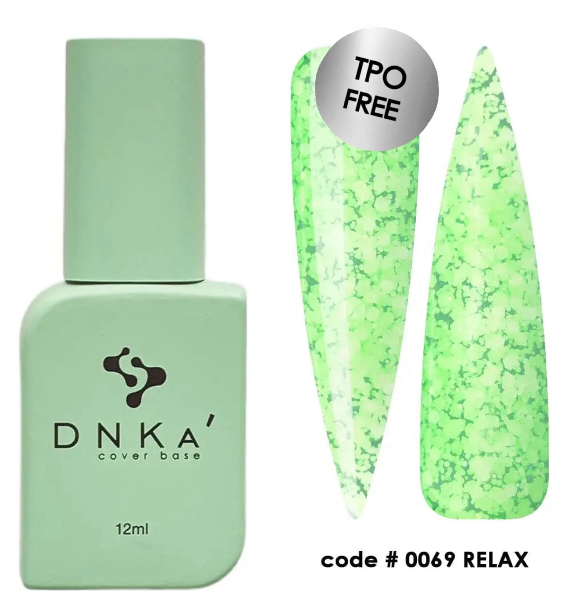A bottle of DNKa' Cover Base #0069 Relax  in a green shade, alongside a sample nail color swatch.