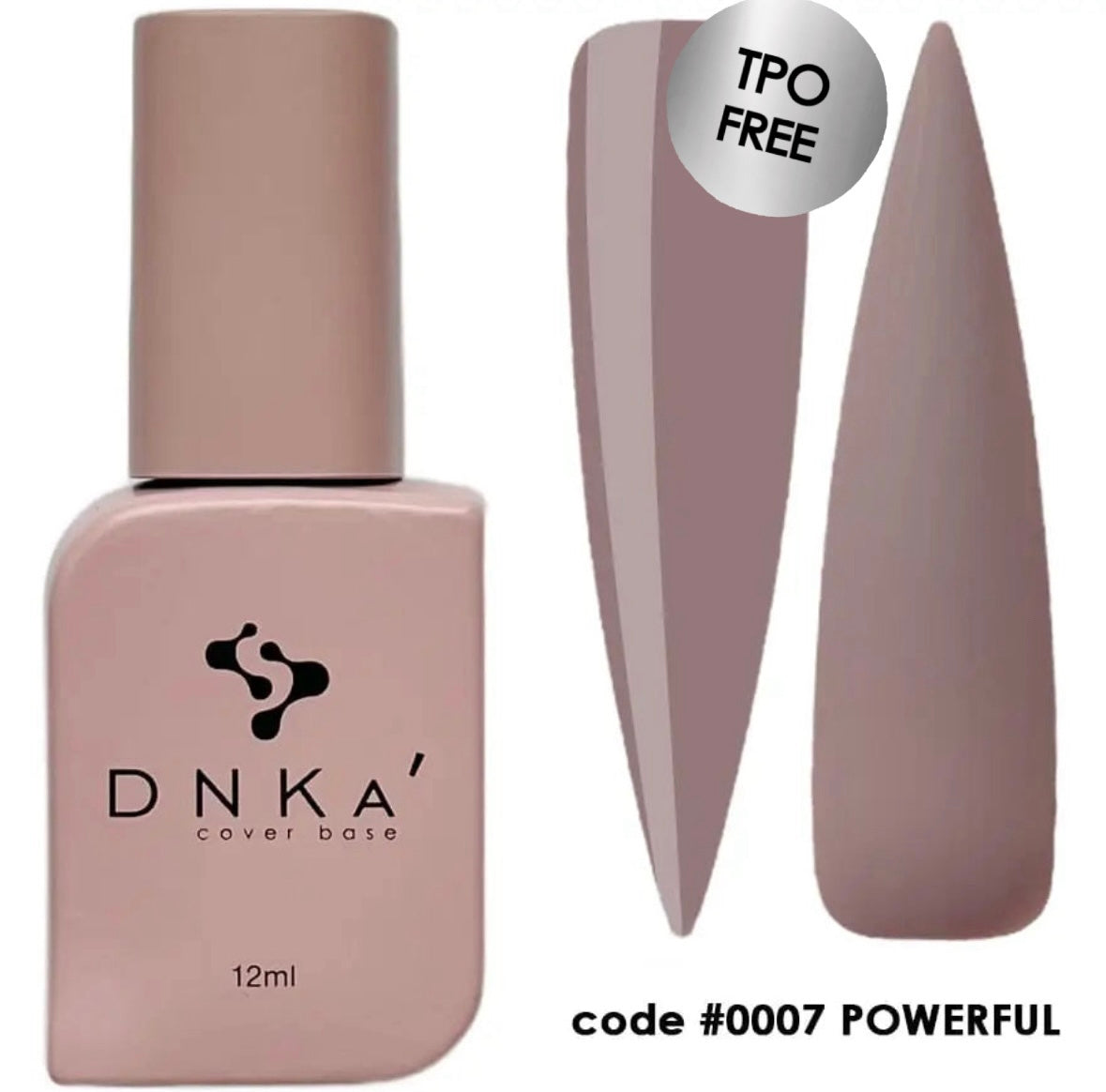 A 12 ml bottle of DNKa' Cover Base in a dark nude color, with a brush applicator shown alongside a sample nail shape demonstrating the color application. 0007 Powerful
