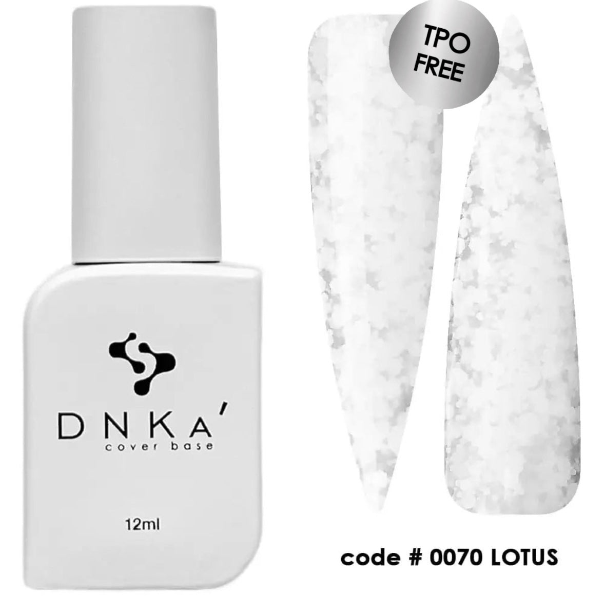 A 12 ml bottle of DNKa' Cover Base 0070 Lotus in a white color, alongside a swatch showing the product applied to a nail surface, displaying a white marble-like pattern.