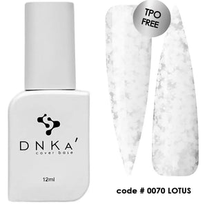 A 12 ml bottle of DNKa' Cover Base 0070 Lotus in a white color, alongside a swatch showing the product applied to a nail surface, displaying a white marble-like pattern.