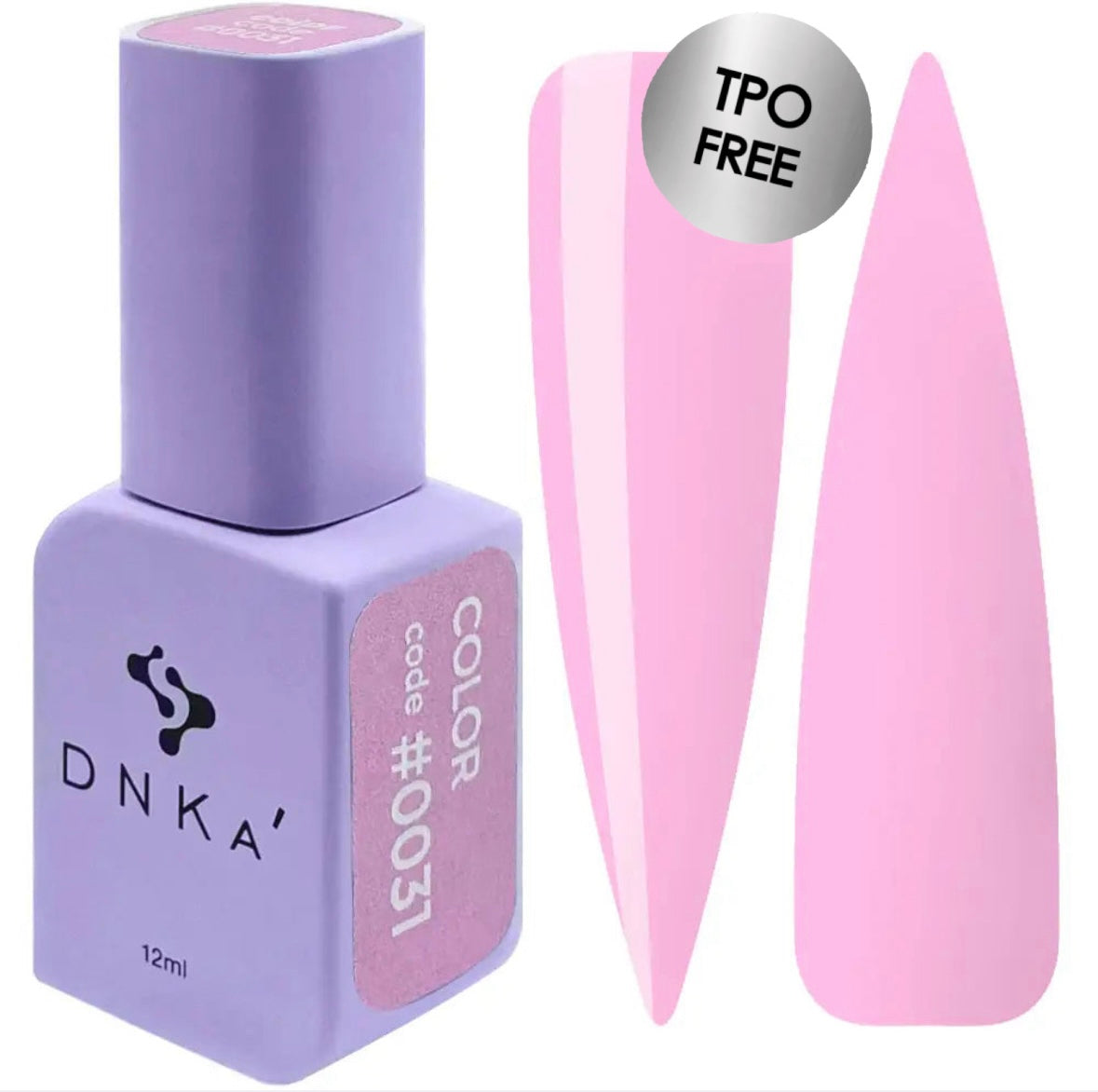 A purple DNKa' Gel Polish bottle with the cap removed, showing the color #0031 gel polish inside. A swatch of the light pink polish is also displayed to the right of the bottle.