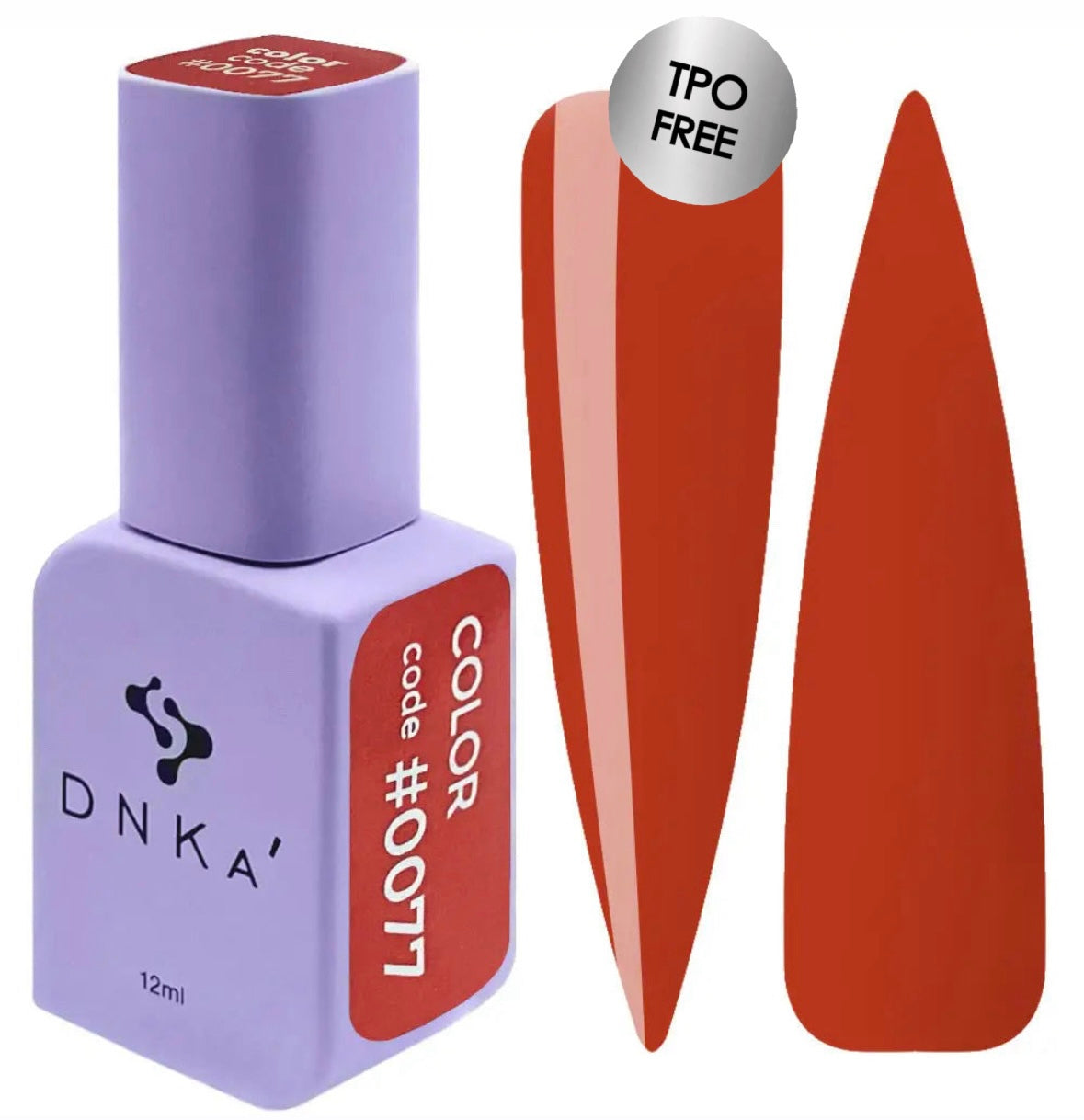 A purple-colored bottle of DNKa' Gel Polish with a red nail polish swatch behind it, indicating the color #0077.
