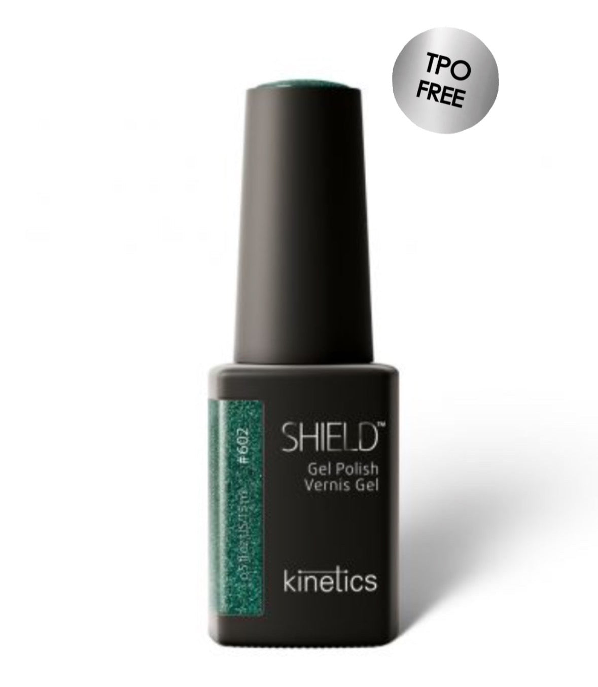 Shield green cat eye gel polish bottle with green label on a white background
