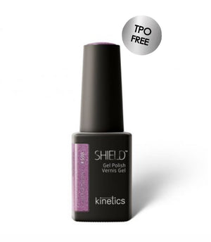 Nail polish bottle with 'Shield' and 'kinetics' branding on a white background