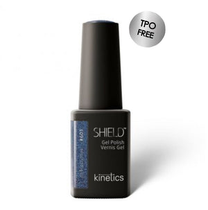 Nail blue cat eye gel polish bottle with 'Shield' and 'Kinetics' branding on a white background