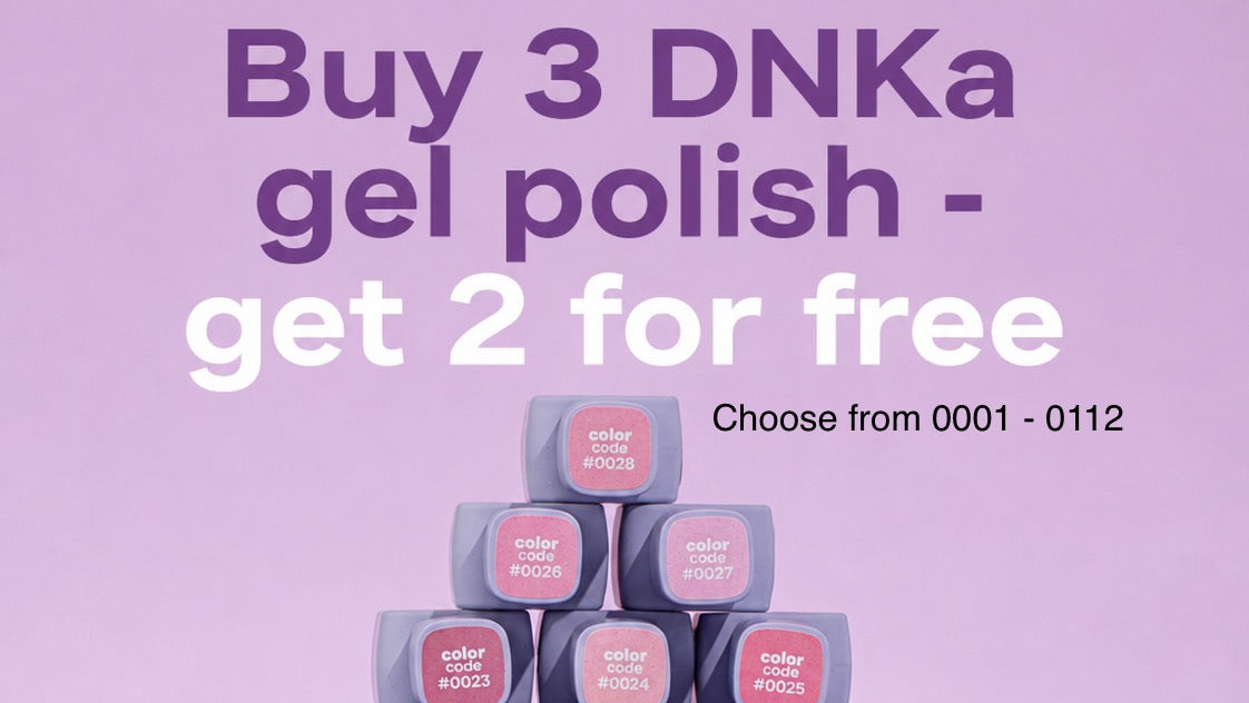 Promotional graphic for Color Elixir gel nail polish showing a pyramid arrangement of multiple polish bottles in different shades, with text reading 'Buy 3 DNKa gel polish - get 2 for free' and 'Choose from 0001 - 0112'.