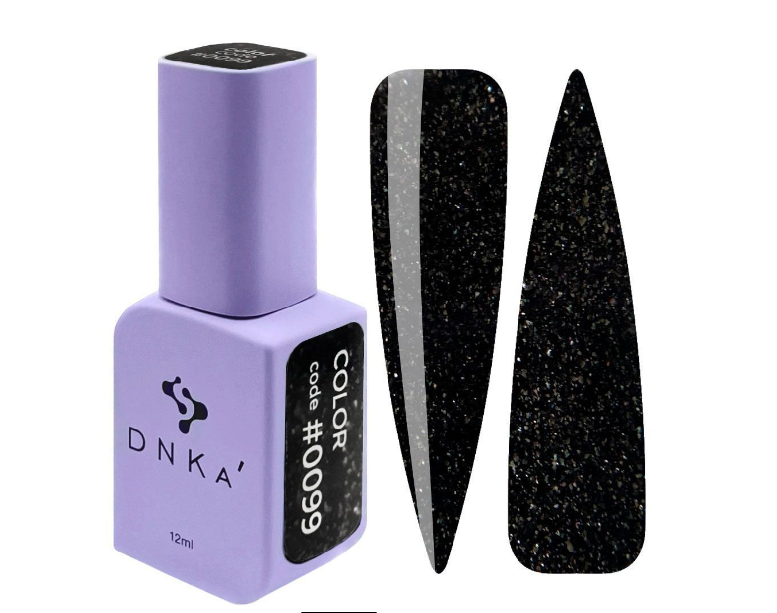 DNKA nail polish bottle with black glittery nail tips on a white background