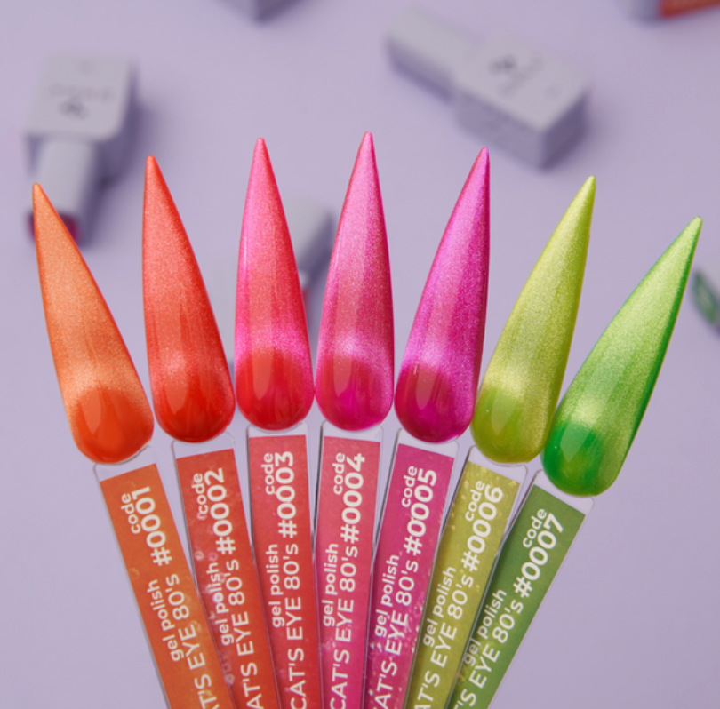 Set of colorful gel polish tubes with gradient colors on a light purple background.