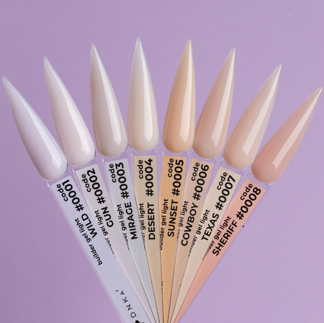 Set of nail polish shades with color names on a purple background