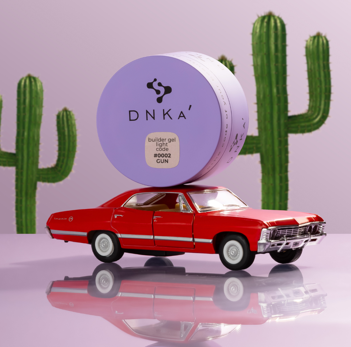 DNKa hair product container on a red car with cacti in the background