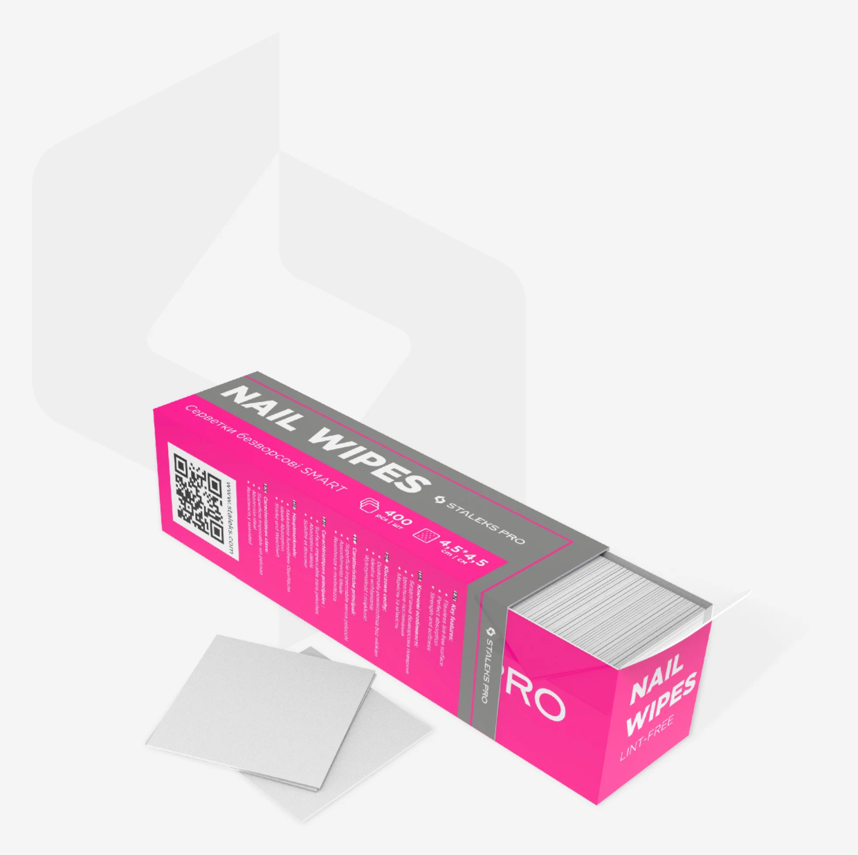 Box of nail wipes with a pink and gray design on a white background