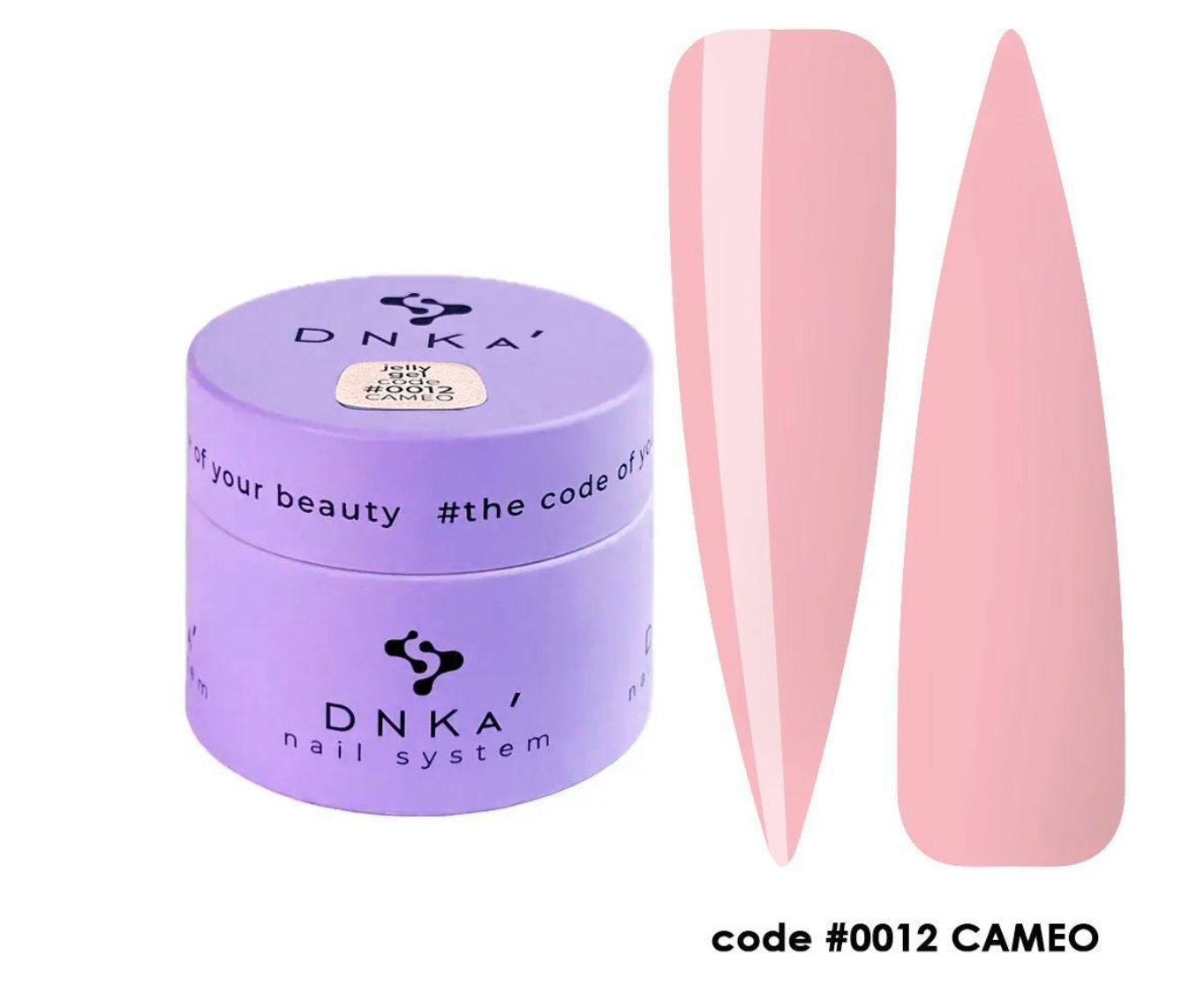 DNKA nail system jar with pink nail tips on a white background, DNKa' Jelly Gel #0012 Cameo