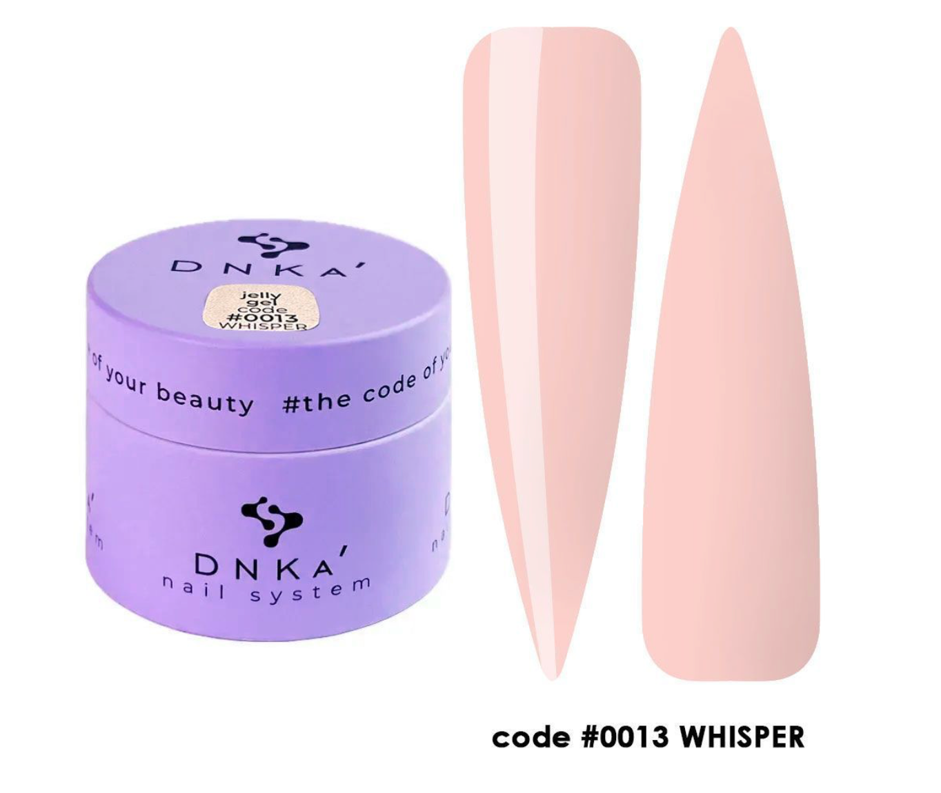 DNKA nail system jar with two pink nails on a white background, DNKa' Jelly Gel #0013 Whisper 15 ml