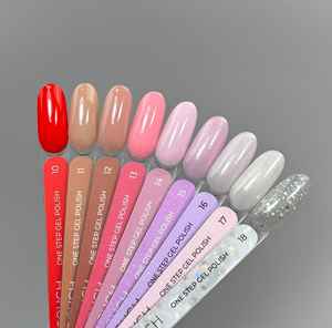 Set of one-step gel polish strips with various colors on a gray background