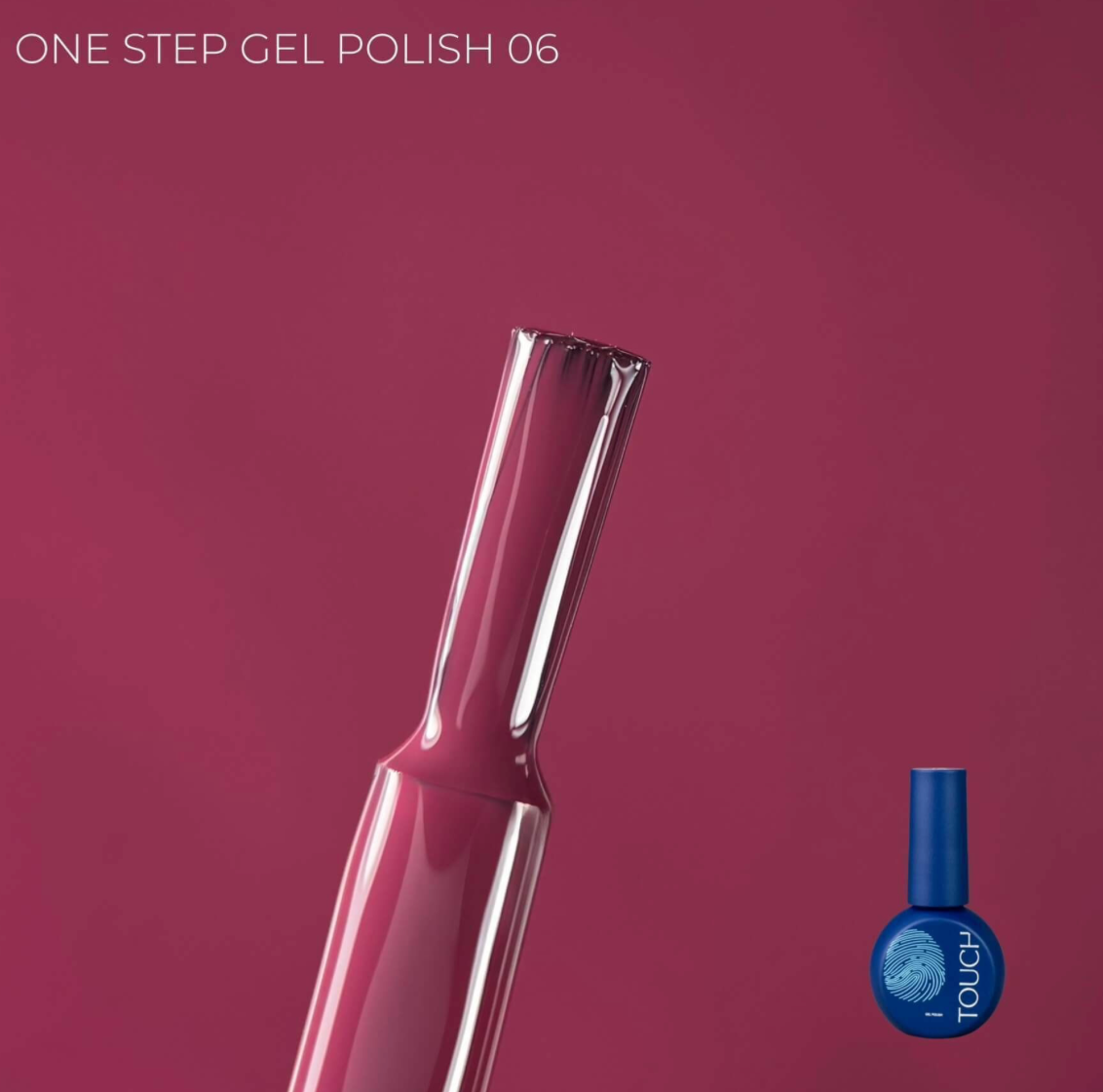 One-step gel polish bottle with a blue cap on a maroon background