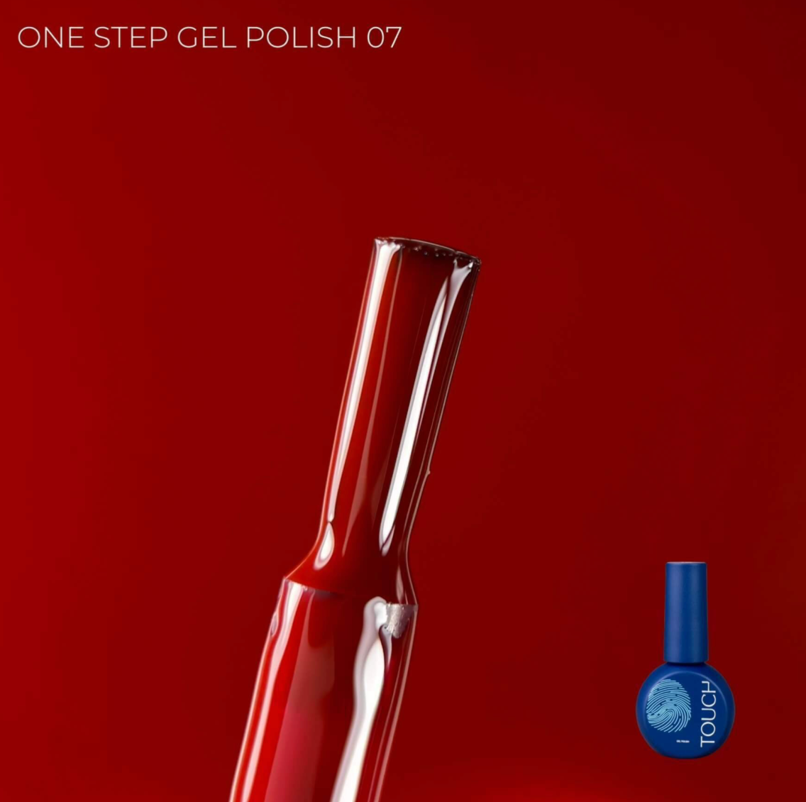 Red nail polish bottle with a blue bottle labeled 'I Touch' on a red background