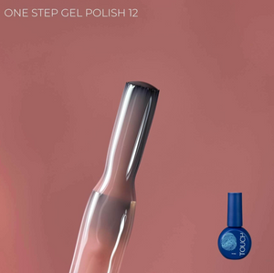 One-step gel polish with a blue bottle labeled 'TOUCH' on a brown background