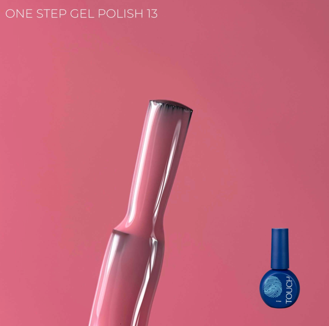 Pink nail polish brush and blue nail polish bottle on a pink background with 'ONE STEP GEL POLISH 13' text.