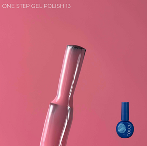 Pink nail polish brush and blue nail polish bottle on a pink background with 'ONE STEP GEL POLISH 13' text.