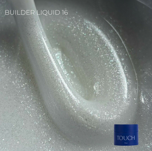 Close-up of Builder Liquid 16 with a small container labeled 'TOUCH' on a gray background.