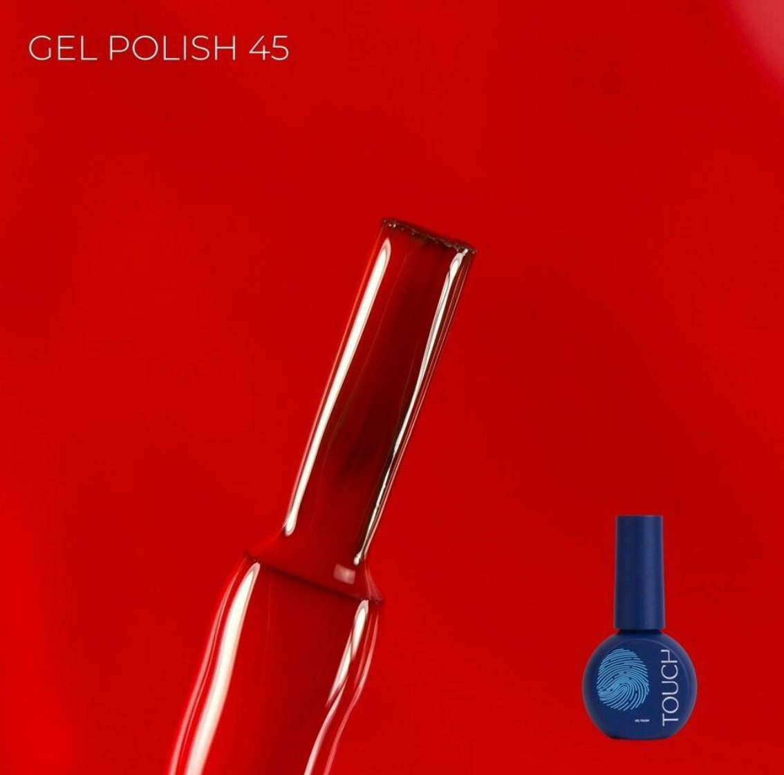 Red gel polish bottle with a blue nail polish bottle on a red background