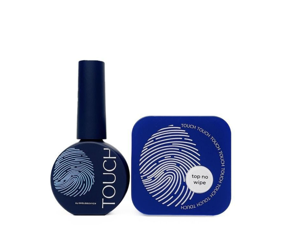 Nail polish bottle and its packaging with 'TOUCH' branding on a white background