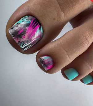 Nail art with pink and black abstract design on a light gray background