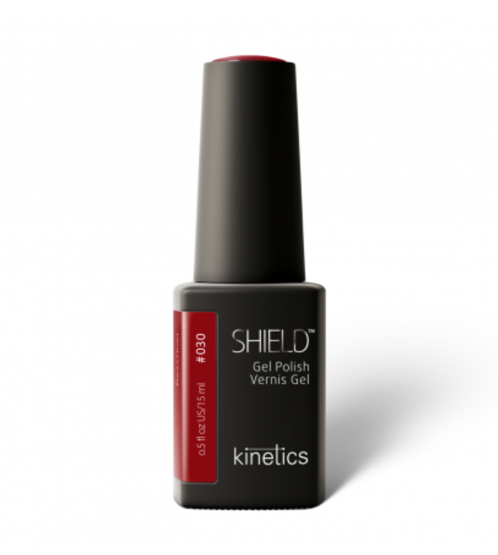 Red gel polish color of Kinetics brand, black bottle on white background