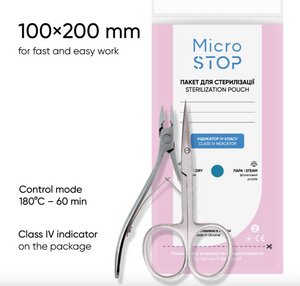 Scissors with a sterilization pouch labeled 'Micro STOP' on a white background