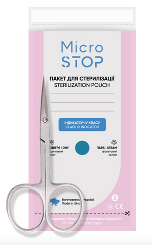Sterilization pouch with scissors and 'Micro Stop' branding on a pink background