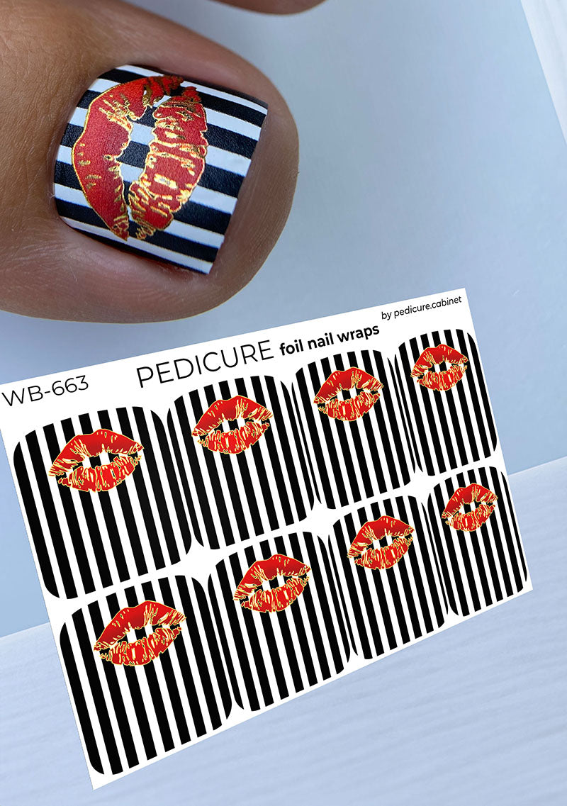 pedicure Nail wrap with red lips design on a striped background, showing a close-up of a nail application.