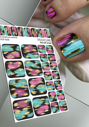 Nail wrap sheet with colorful abstract design and a hand with painted nails displaying the design.