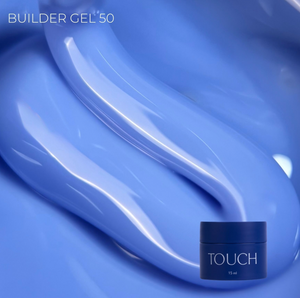A close-up of a blue cosmetic gel texture with the text 'BUILDER GEL 50' in the top left and a small dark blue jar labeled 'TOUCH' in the bottom right.