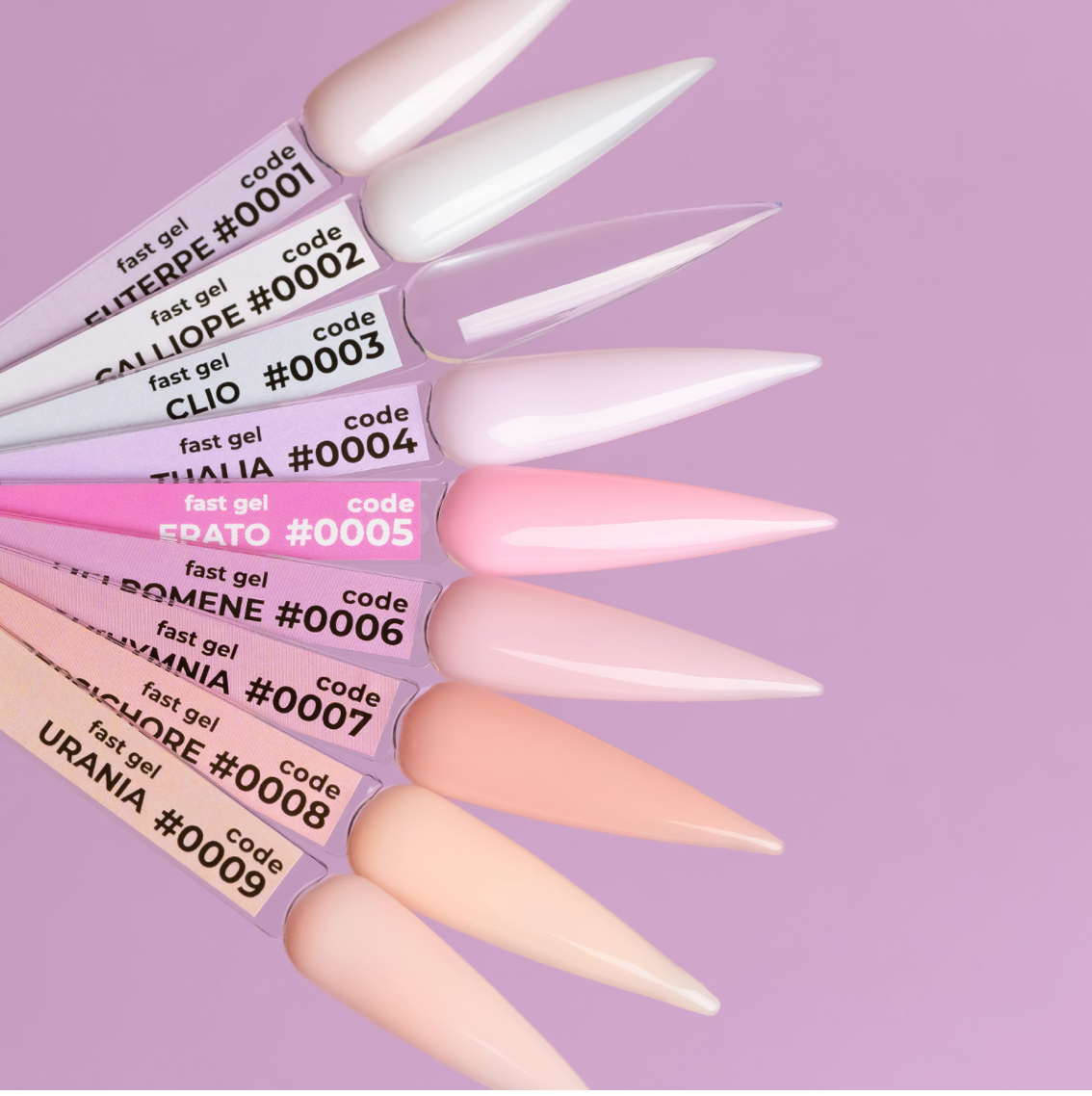 DNKa’ Fast Gel 0004 Thalia – nude pink gel samples on nail tips