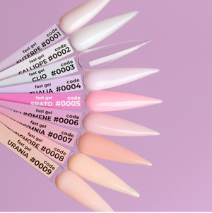 DNKa’ Fast Gel 0004 Thalia – nude pink gel samples on nail tips