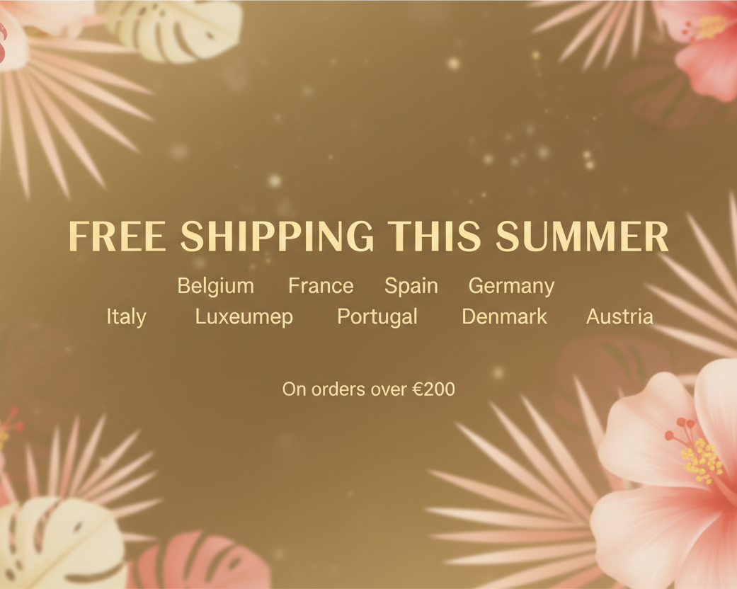 A promotional banner with the text 'FREE SHIPPING THIS SUMMER' in beige lettering, surrounded by tropical floral illustrations and palm leaves on a warm brown background.