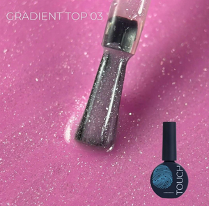 A bottle of gradient top coat nail polish with a brush showing the shimmering finish, set against a pink glittery background with the text 'GRADIENT TOP 03' and the brand name 'TOUCH' visible on the bottle.
