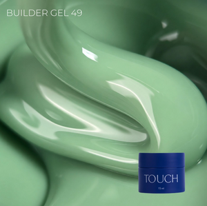 A close-up of glossy mint green gel cream with the text 'BUILDER GEL 49' in the top left and a small blue jar labeled 'TOUCH' in the bottom right.