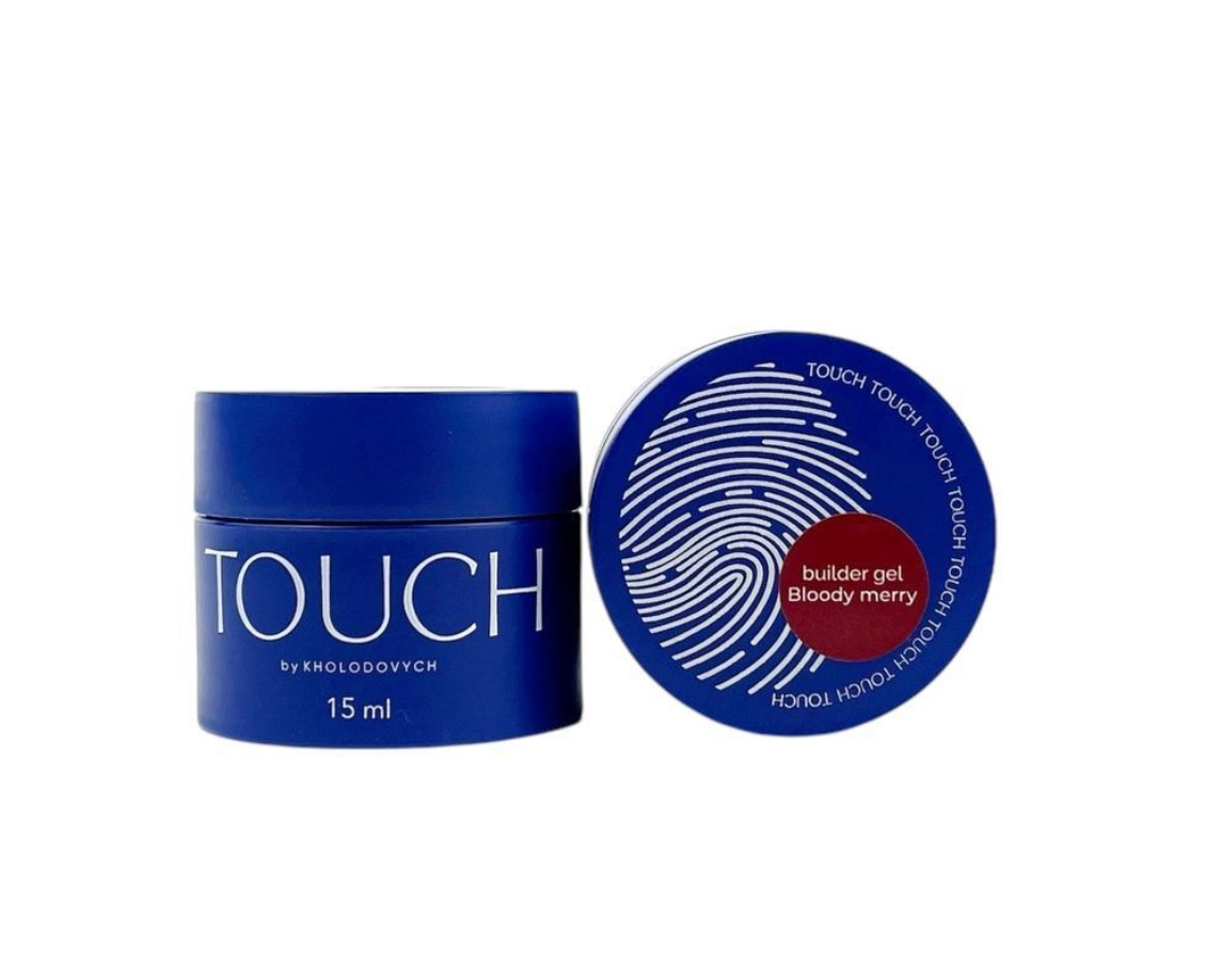 A 15 ml jar of ENKLOPODYCH Touch Builder Gel next to its lid, which features a blue fingerprint pattern and a red circle reading 'builder gel Bloody merry'.